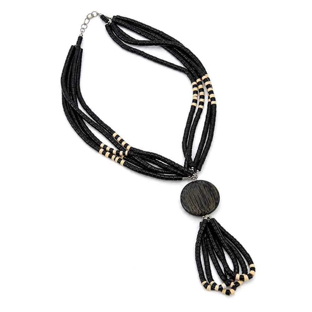 Multi Strand Wood Bead‎ Tassel Necklace Black Cream Tribal Boho Statement